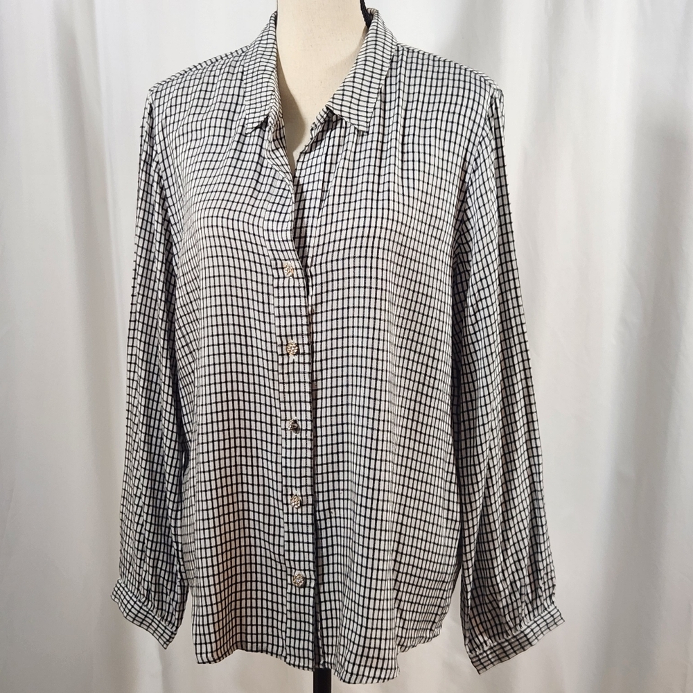Nic + Zoe Femme Plaid Black and White Checkered Button-Up Shirt Size L